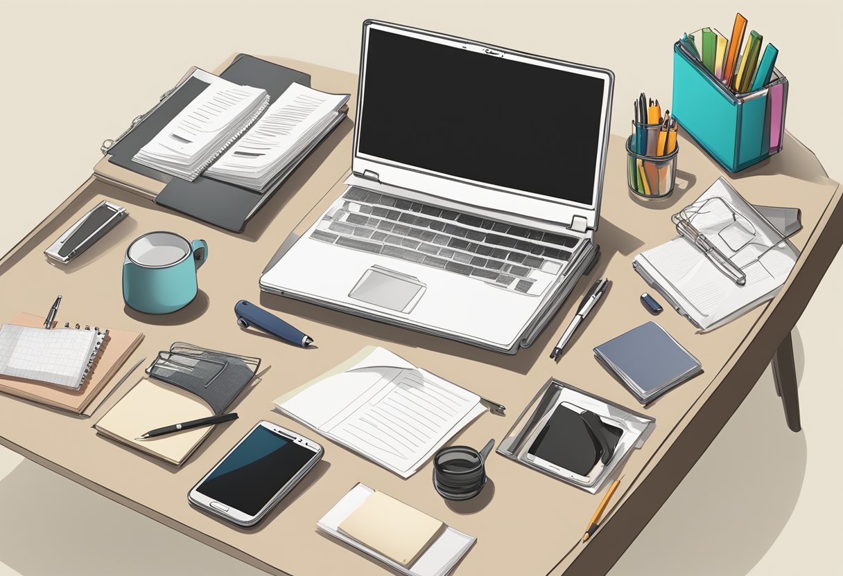 A desk with a laptop open to a letter draft, surrounded by a pen, paper, and other office supplies