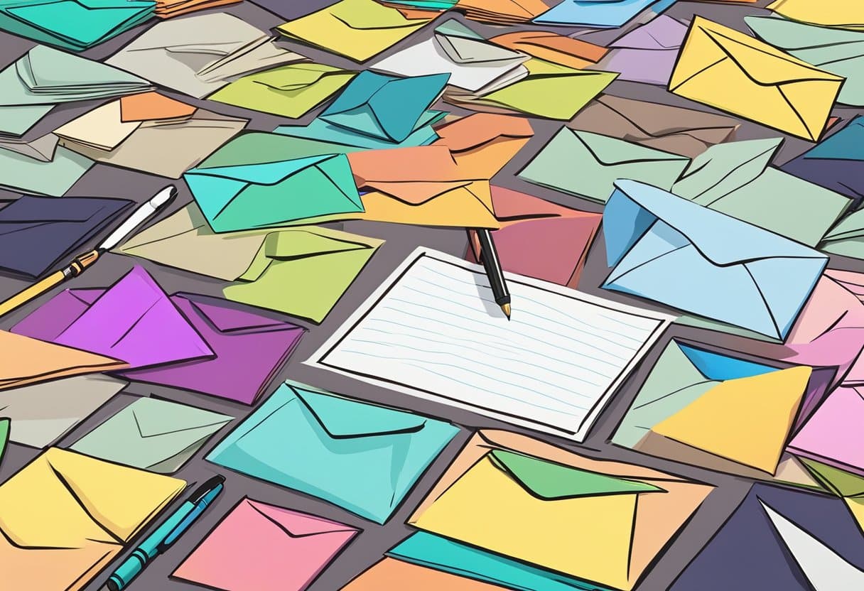 How to Write a Cover Letter That Sounds Like You and Gets You Noticed: Practical Tips for Standing Out 2 A stack of vibrant, eye-catching envelopes arranged neatly on a desk, with a pen poised to write on a blank sheet of paper