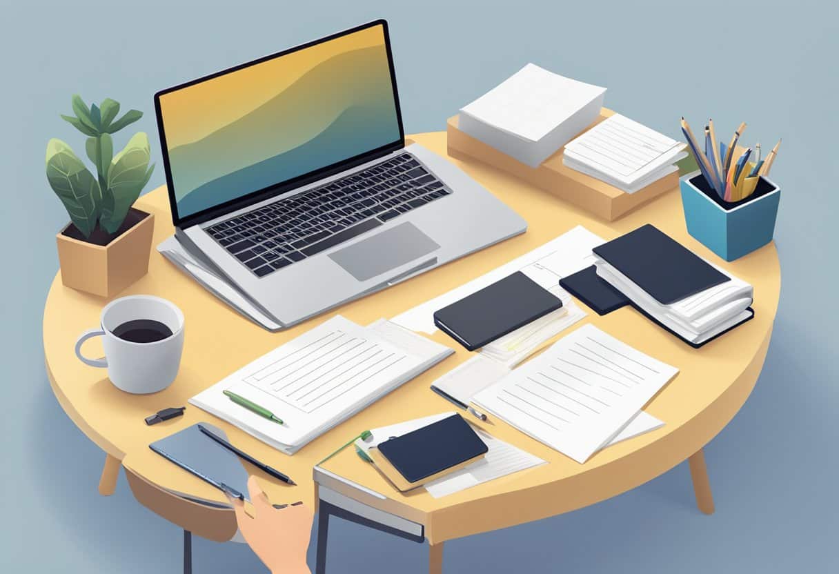 A neatly organized desk with a laptop, notebook, pen, and a stack of papers. A cover letter template and guidelines for journal submission are visible on the laptop screen