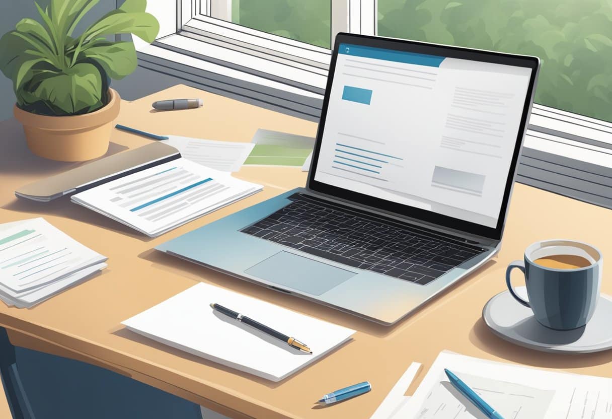 A desk with a laptop, pen, and paper. A stack of cover letter templates beside it. A window with natural light