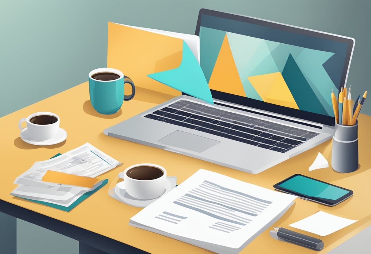 A desk with a laptop, pen, and papers. A stack of cover letter templates next to a coffee mug