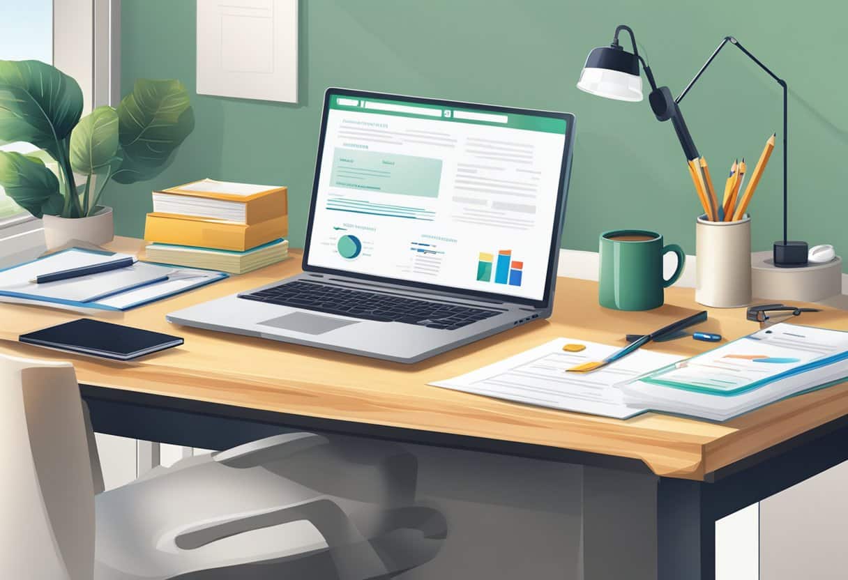 A desk with a laptop, resume, and various certificates and awards