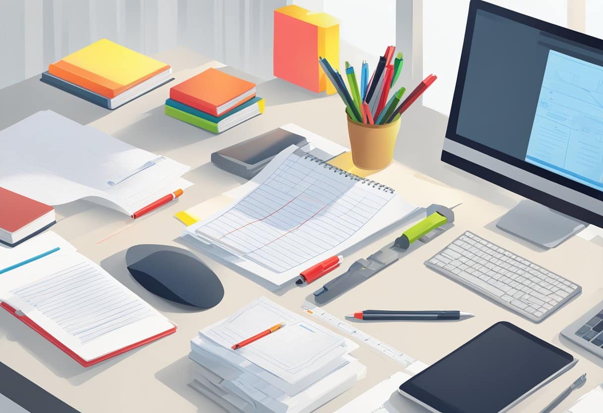 A desk with a computer, stack of papers, and a red pen. A ruler and highlighter sit nearby