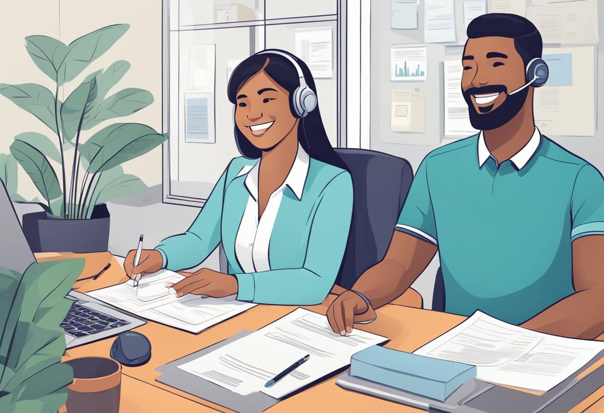 A customer service representative assisting a smiling client with a cover letter, surrounded by helpful resources and examples
