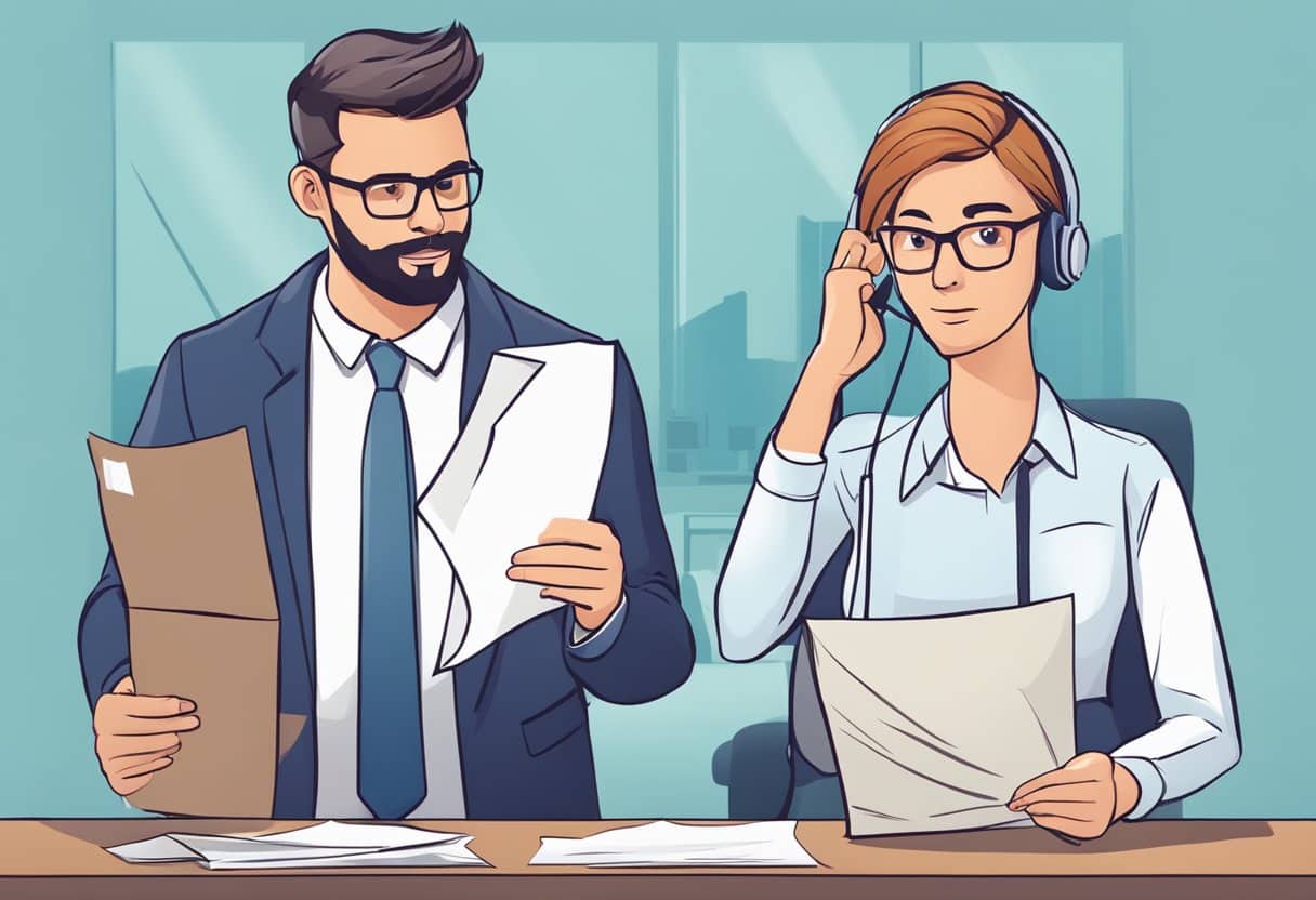 A frustrated customer holding a crumpled cover letter, while a confident customer service representative offers a polished cover letter example