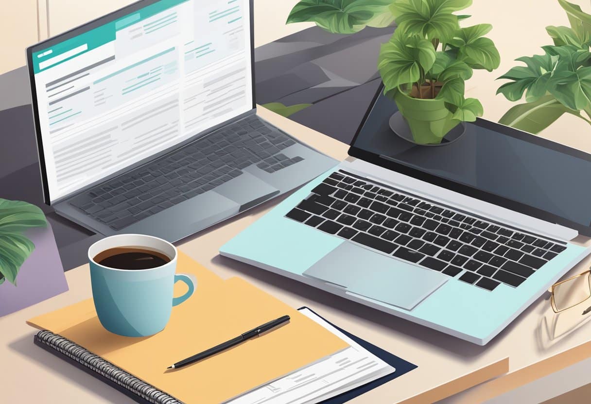 An open laptop on a desk with a stack of resumes and a pen. A cup of coffee and a potted plant in the background