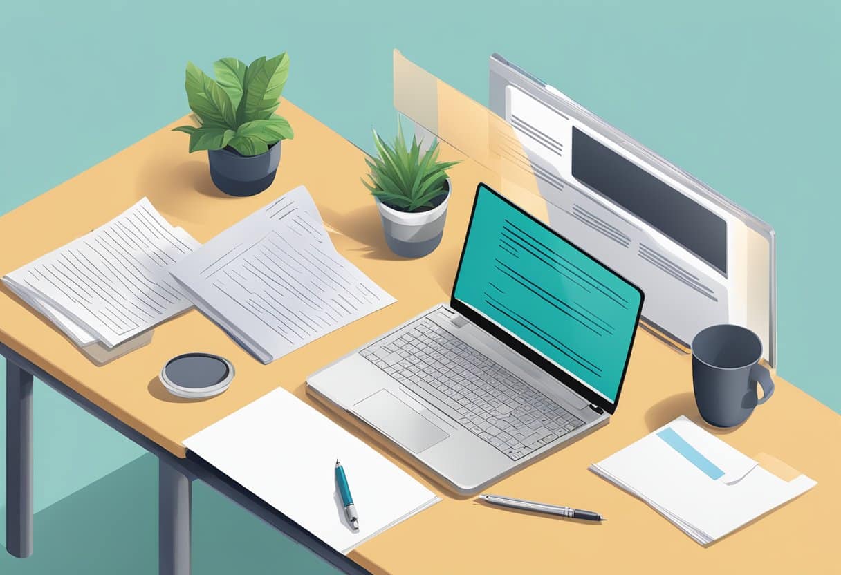 A desk with a laptop, pen, and paper. A professional-looking cover letter is being written with focus and determination