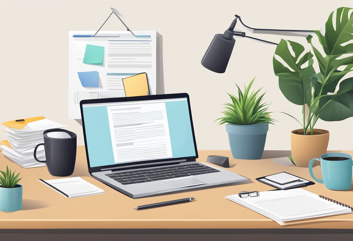 A desk with a laptop, pen, and paper. A neatly organized workspace with a cup of coffee. A stack of resumes and a cover letter template on the screen