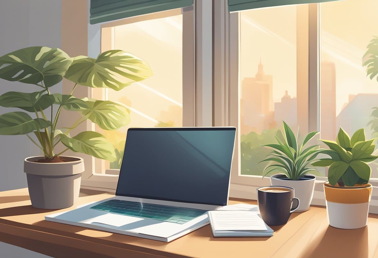 A neatly typed cover letter sits on a desk, surrounded by a laptop, coffee mug, and potted plant. The sunlight streams in through a nearby window, casting a warm glow over the scene