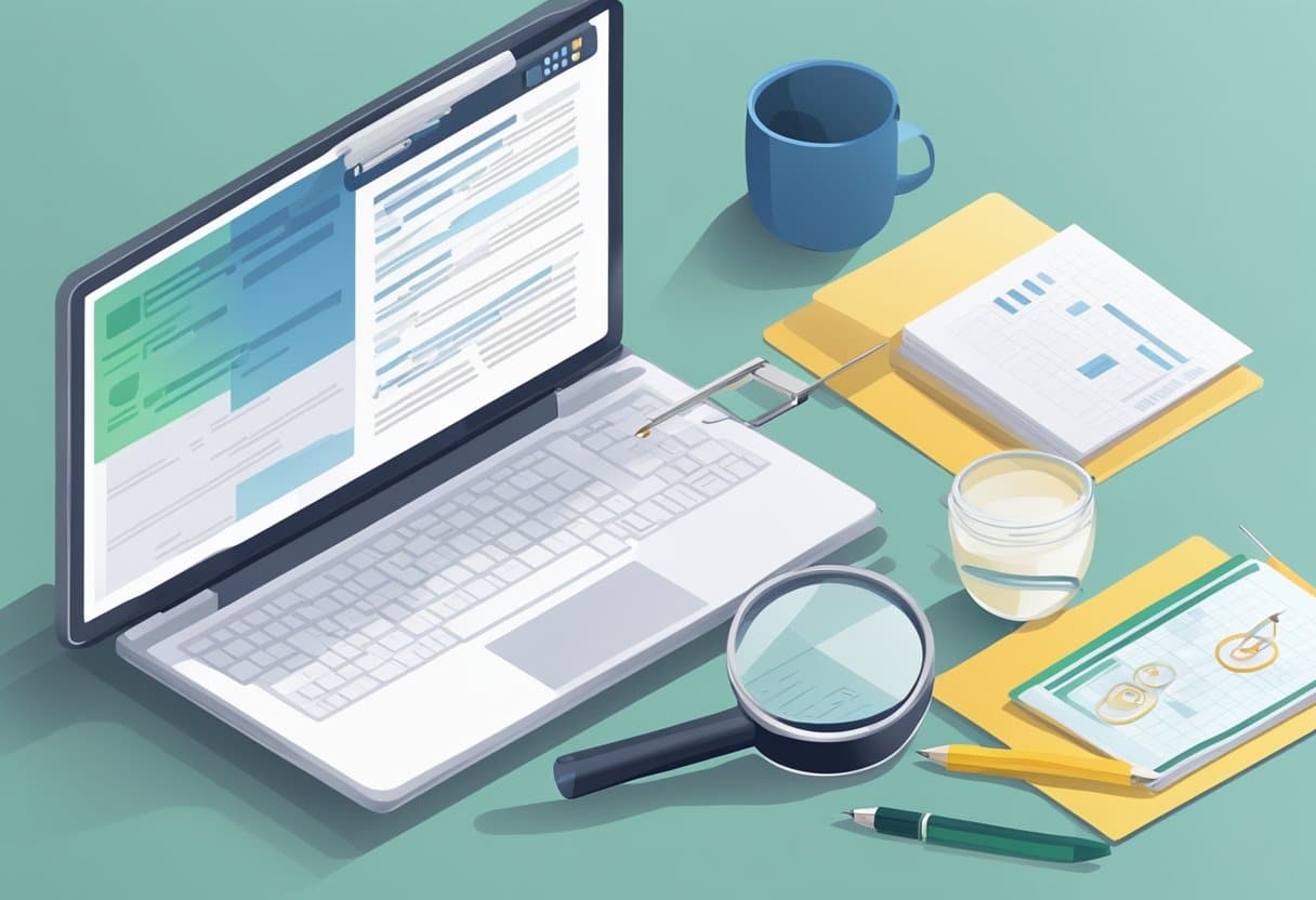 A computer screen displaying a resume/CV and cover letter with keywords highlighted, surrounded by a magnifying glass and a checklist