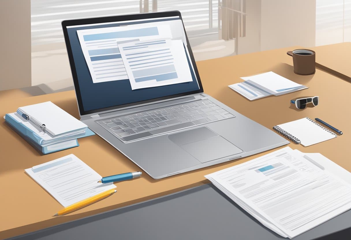 A desk with a laptop, pen, and paper. A stack of business documents and a professional-looking cover letter template