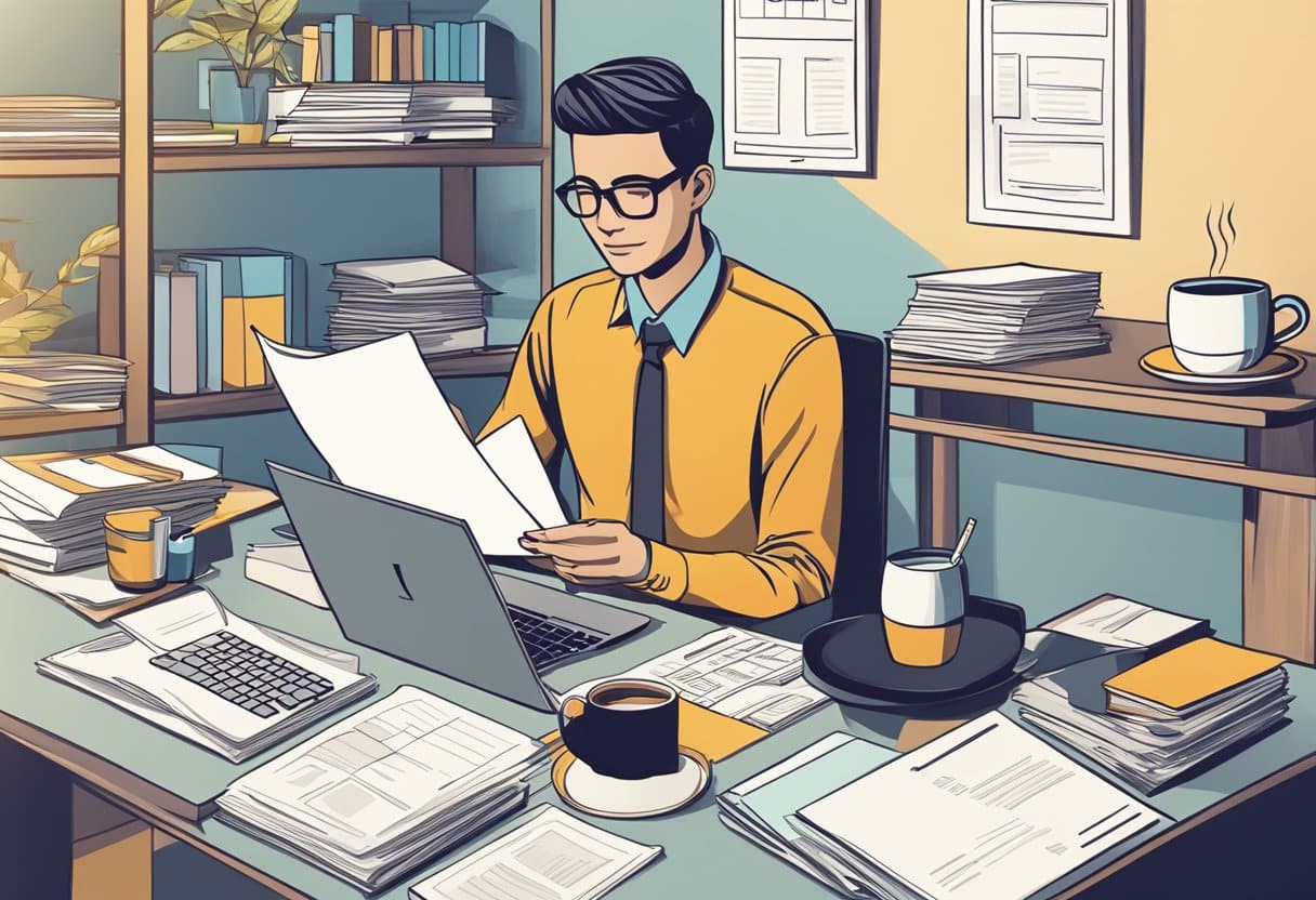 A person sitting at a desk, typing on a computer, surrounded by papers and a cup of coffee