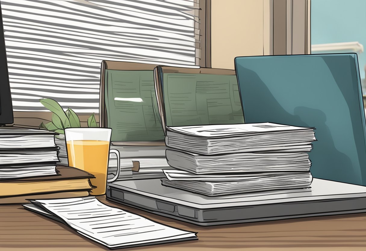 A stack of legal documents and a laptop on a desk, with a Georgetown Law diploma hanging on the wall in the background