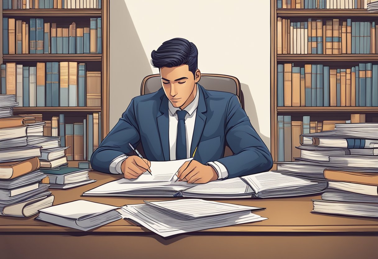 A person sitting at a desk, surrounded by law books and legal documents, writing a cover letter with determination and focus