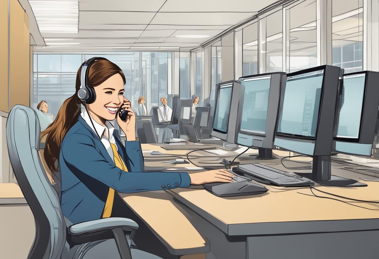 A smiling customer service representative helping a customer over the phone with a headset on, surrounded by a friendly and professional work environment
