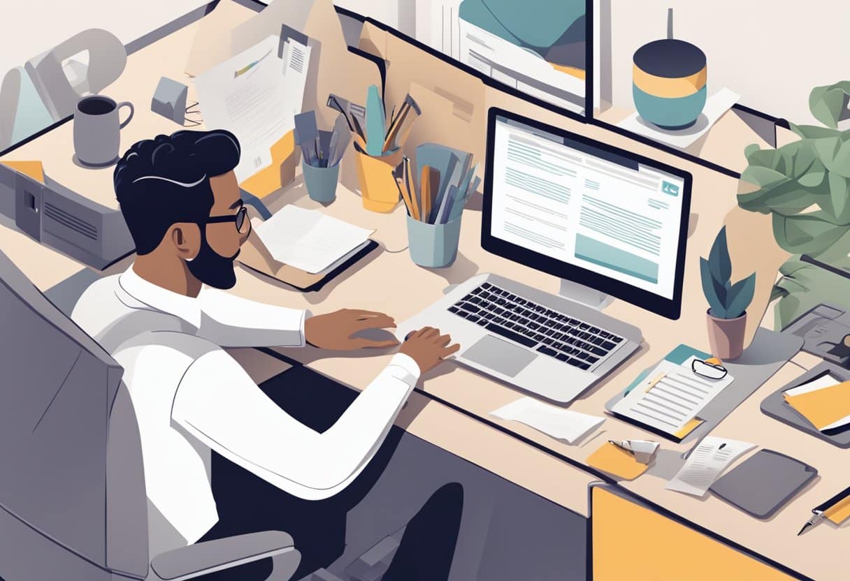 A person sitting at a desk with a computer, surrounded by papers and a customer service script. They are typing a tailored cover letter for a specific position