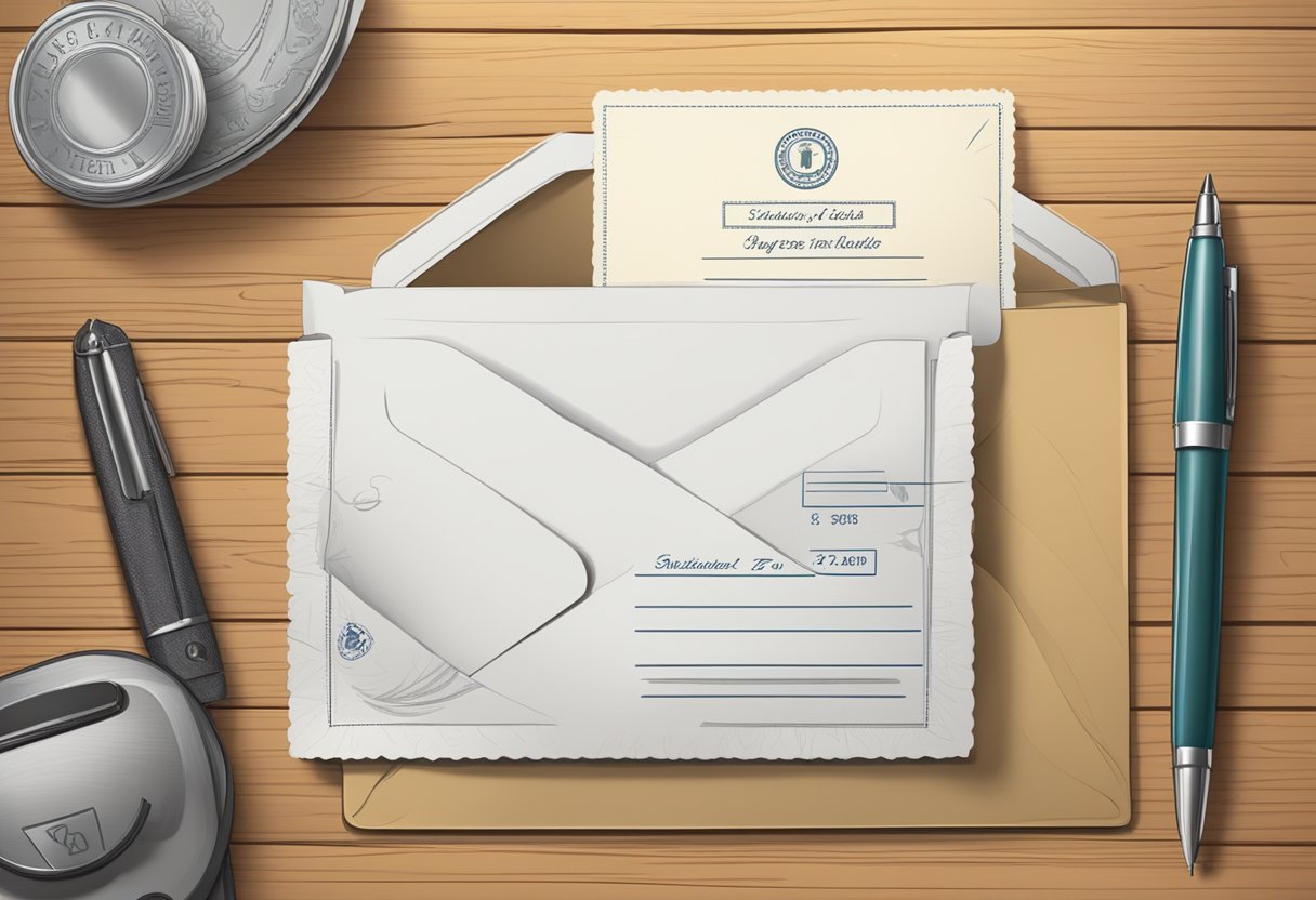 An open envelope with a stamped address, a neatly folded letter, and a pen resting on a wooden desk