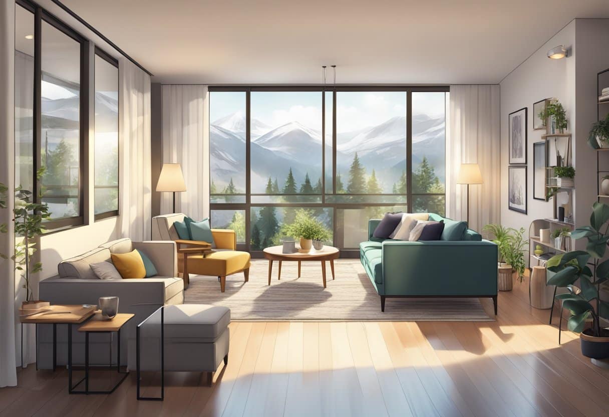 A cozy apartment with an open floor plan, furnished with modern decor and filled with natural light streaming through large windows
