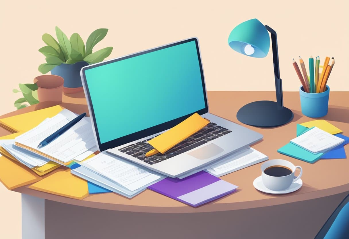 A stack of colorful and neatly organized renter cover letters on a desk, with a laptop and a pen nearby