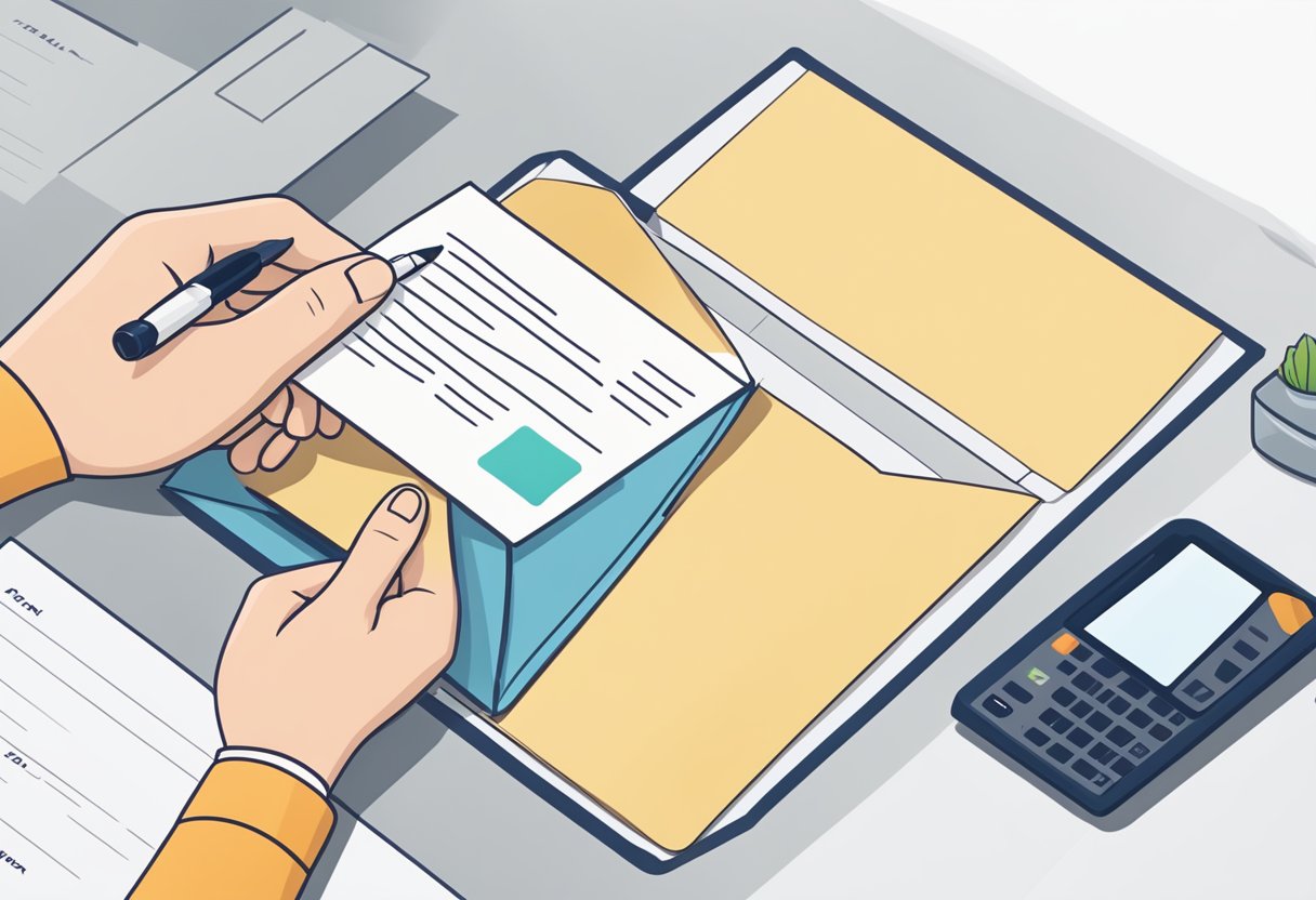 A hand placing a renter cover letter into an envelope, with a pen and address label nearby