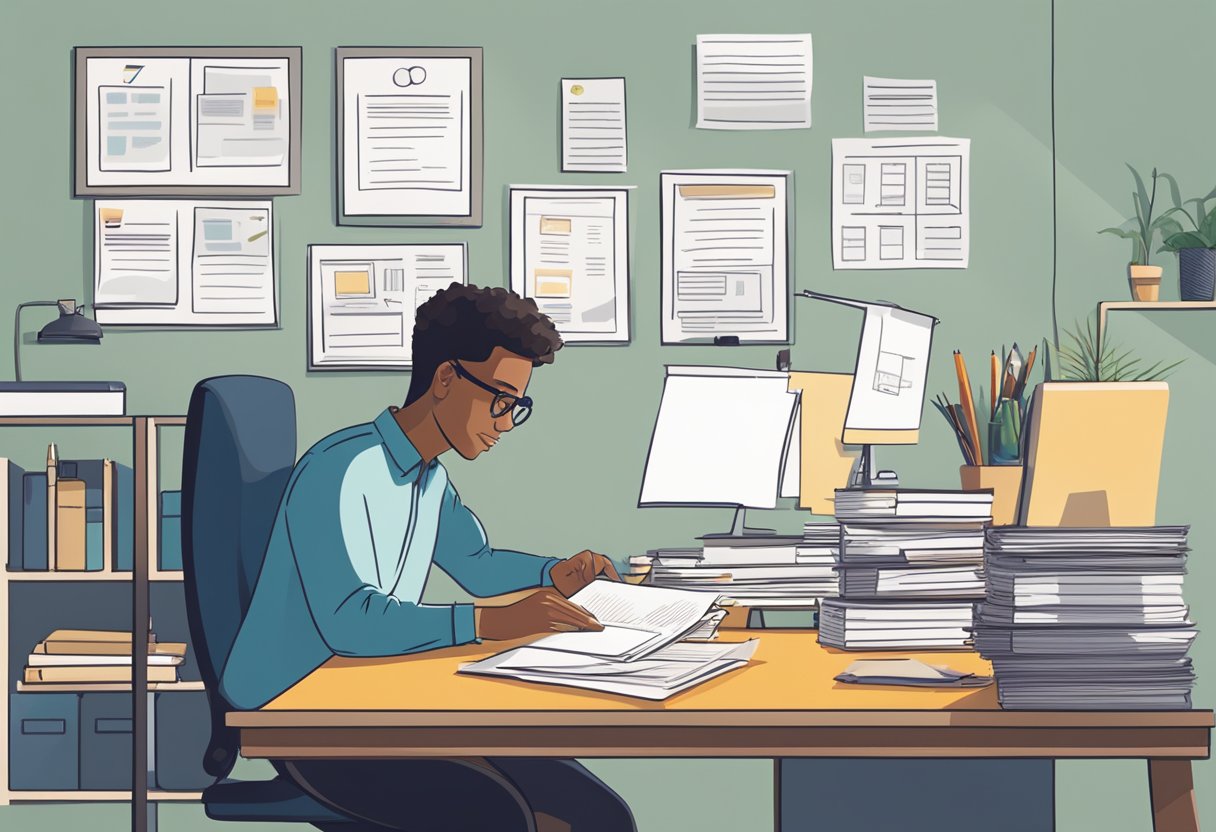 A renter sits at a desk, typing on a computer with a stack of papers and envelopes nearby. The room is well-lit and organized, with a calendar and pen on the wall