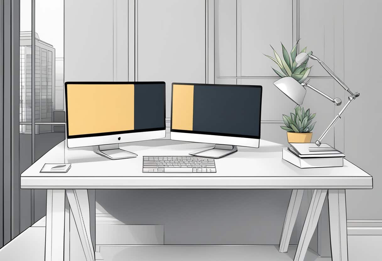A sleek desk with a laptop, notebook, and pen. A modern office setting with clean lines and minimalistic decor