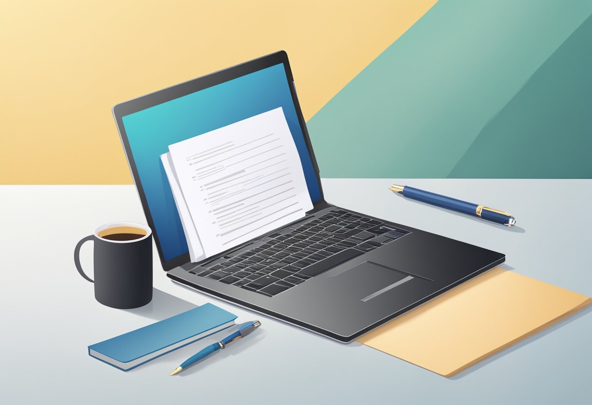 A desk with a laptop, notebook, and pen. A stack of resumes and a cover letter template. A list of skills and experiences written on a piece of paper
