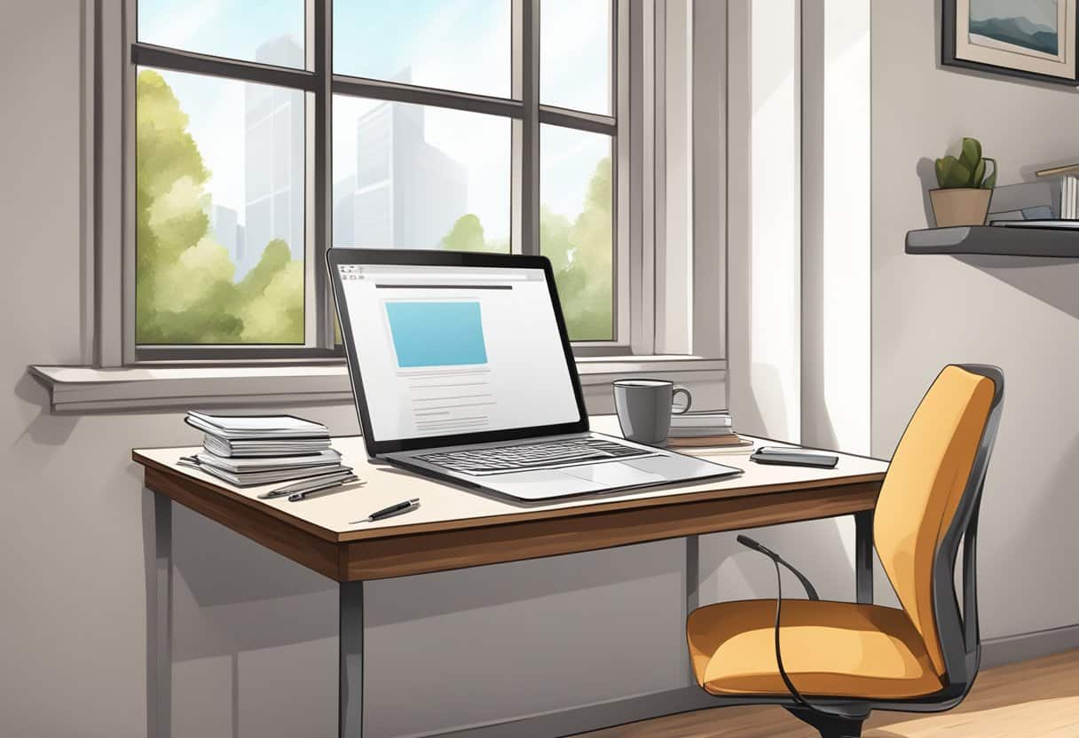 A desk with a laptop, notebook, and pen. A stack of resumes and a business card on the side. A window with natural light