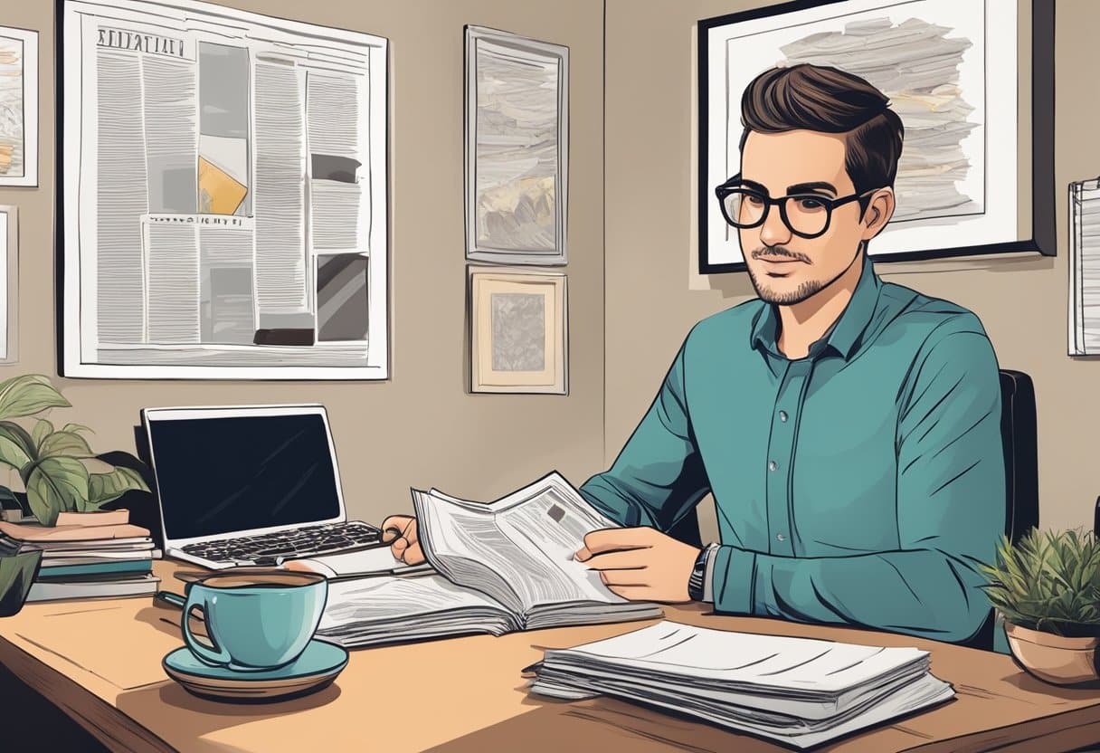 An editor at a desk with a stack of manuscripts, a cup of coffee, and a framed magazine cover on the wall
