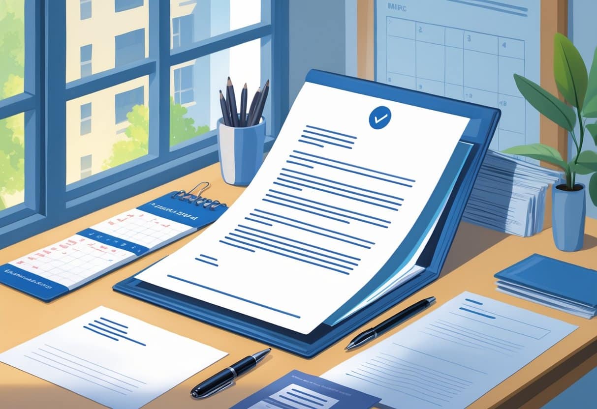 A desk with an open folder showing a typed letter, a checklist, a pen, a calendar, and documents, with an apartment building visible through a window in the background.