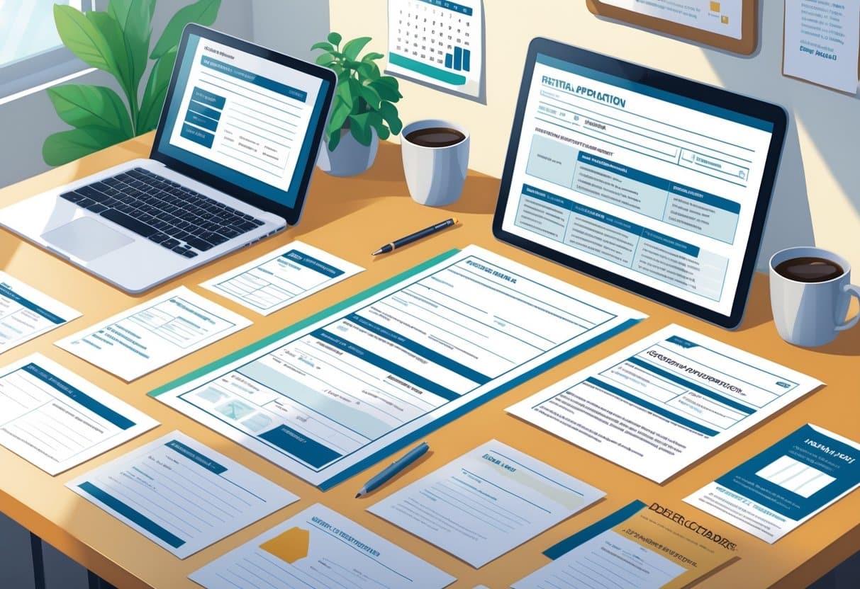 A tidy desk with a laptop, printed documents, a pen, a calendar on the wall, a potted plant, and a cup of coffee arranged for preparing a rental application.