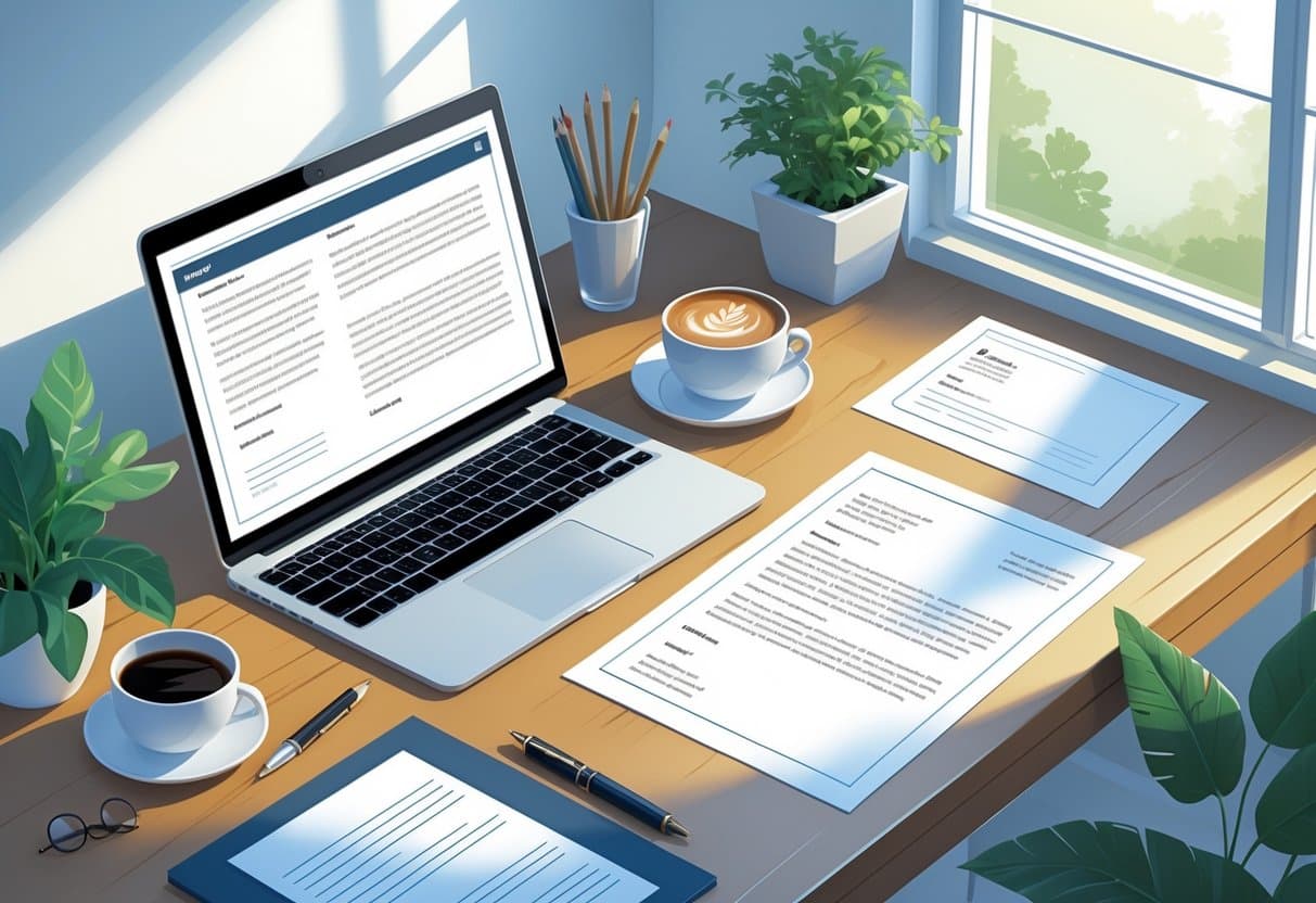 A tidy desk with a laptop, printed letter, pen, coffee cup, glasses, and a small plant by a window.