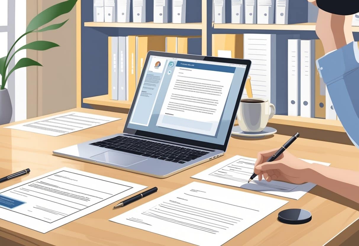 A person at a desk preparing a rental cover letter and application with a laptop, papers, and a pen in a tidy workspace.
