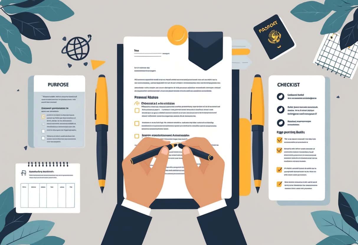 A desk with an open letter, a checklist, a pen, a passport, and travel-related icons arranged neatly to represent the key parts of writing an advance parole cover letter.