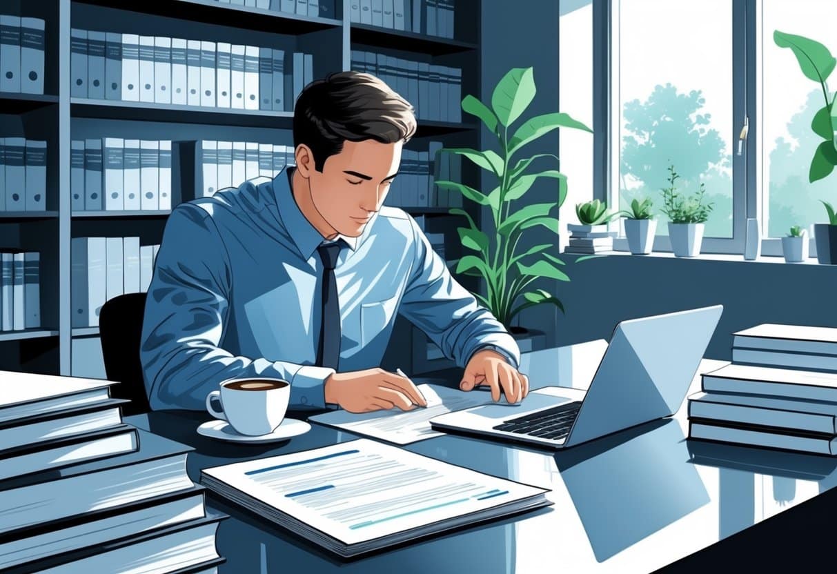 A person working at a desk with a laptop, books, and papers in a bright room with a bookshelf and a plant.