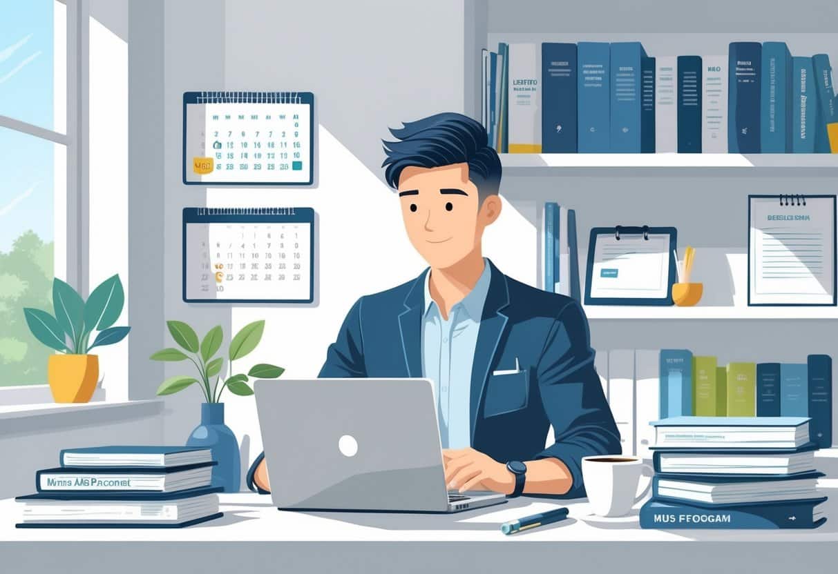 A person working at a desk writing a cover letter on a laptop with business books and a diploma visible nearby.