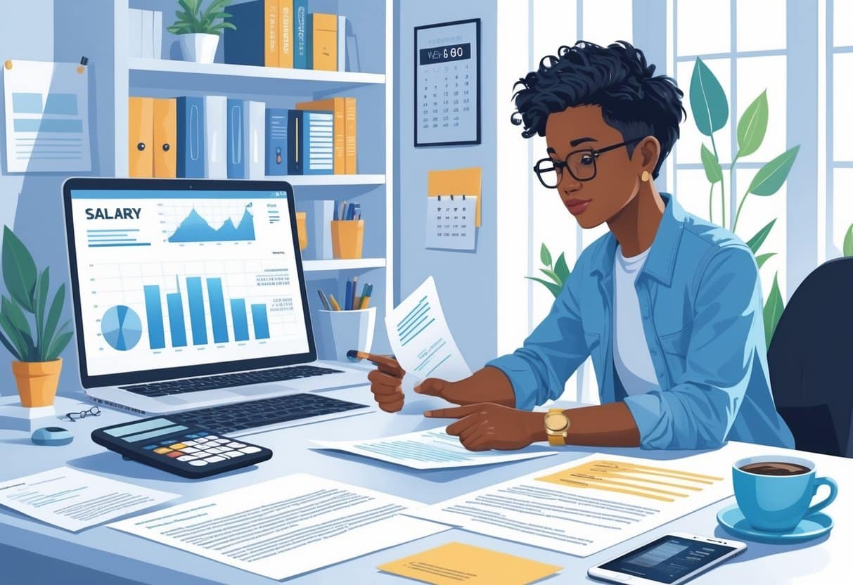 A person sitting at a desk reviewing documents and charts related to salary research, with a laptop, calculator, and cover letter nearby in a tidy home office.