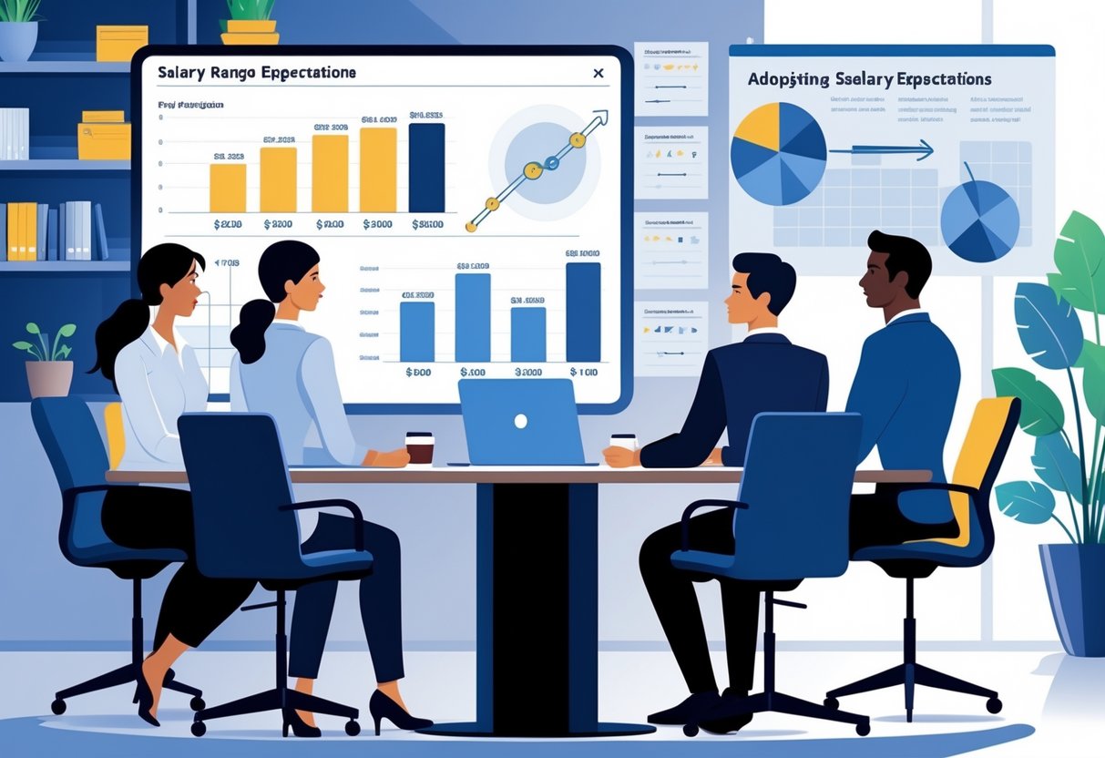 Three people discussing salary expectations around a conference table with charts and laptops in an office.