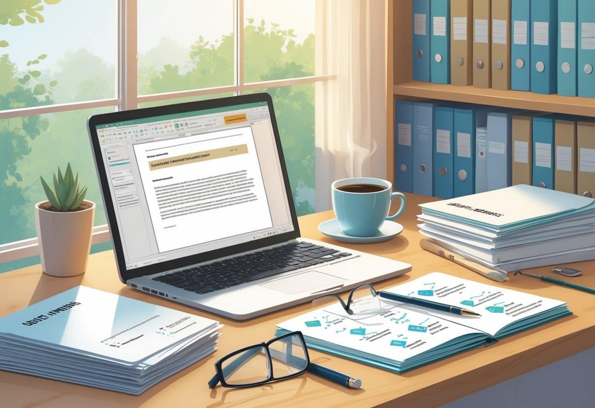 A tidy office desk with a laptop, stacked folders, a notebook with notes, a pen, and a cup of coffee, set near a window with a bookshelf in the background.
