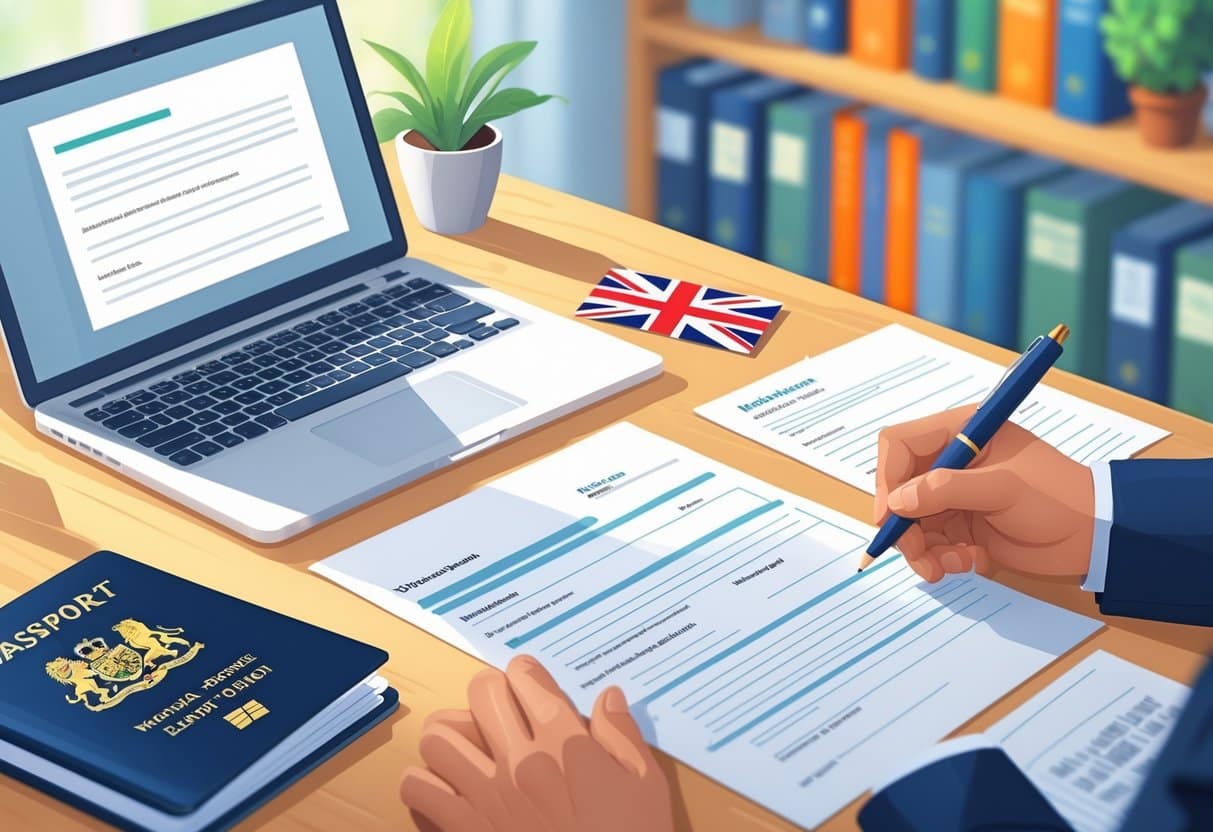 A workspace with a laptop, visa application papers, a passport, British flag pin, and hands writing on a letter.