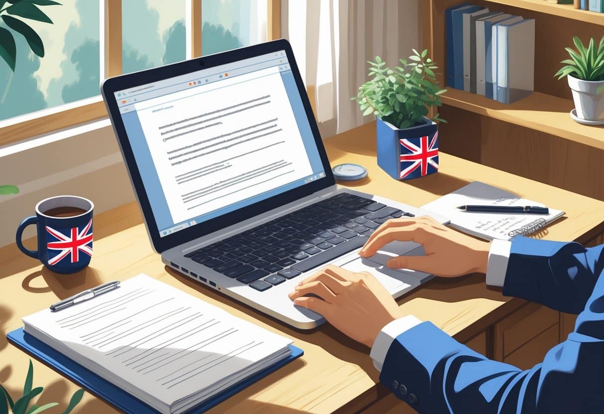 A tidy workspace with a laptop, notebook, pen, and a small British flag ornament, showing hands typing on the keyboard in a bright room.