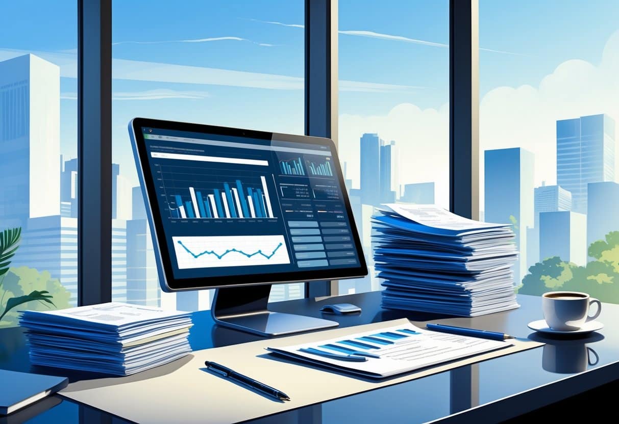 A modern workspace with a laptop showing financial charts, documents, a pen, and a coffee cup on a desk, with a city skyline visible through a large window.