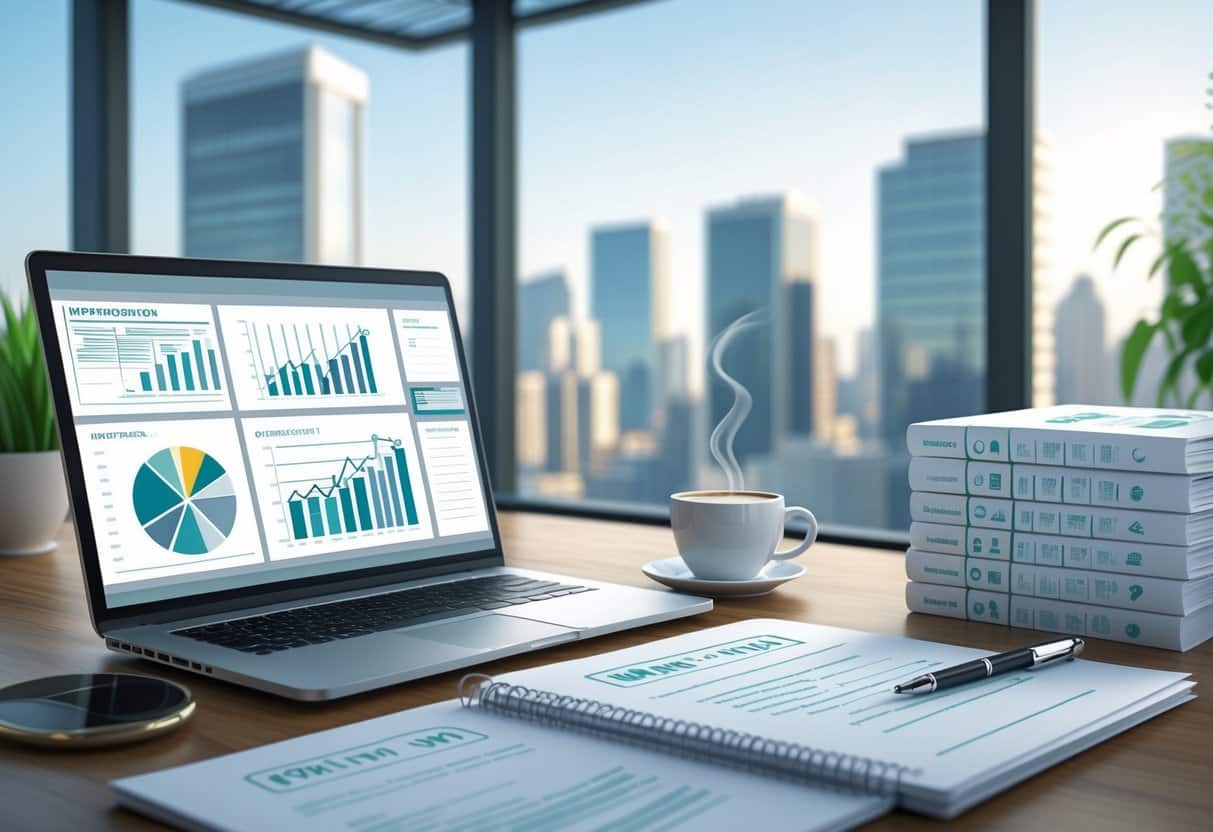 A tidy office desk with a laptop showing financial charts, an open notebook with notes, documents related to finance, a pen, and a coffee cup, set against a city skyline through a large window.