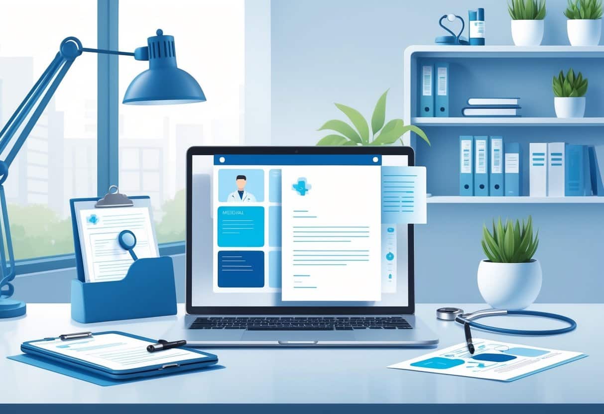 A clean office desk with a laptop, clipboard, pen, stethoscope, and medical model, representing a medical sales work environment.
