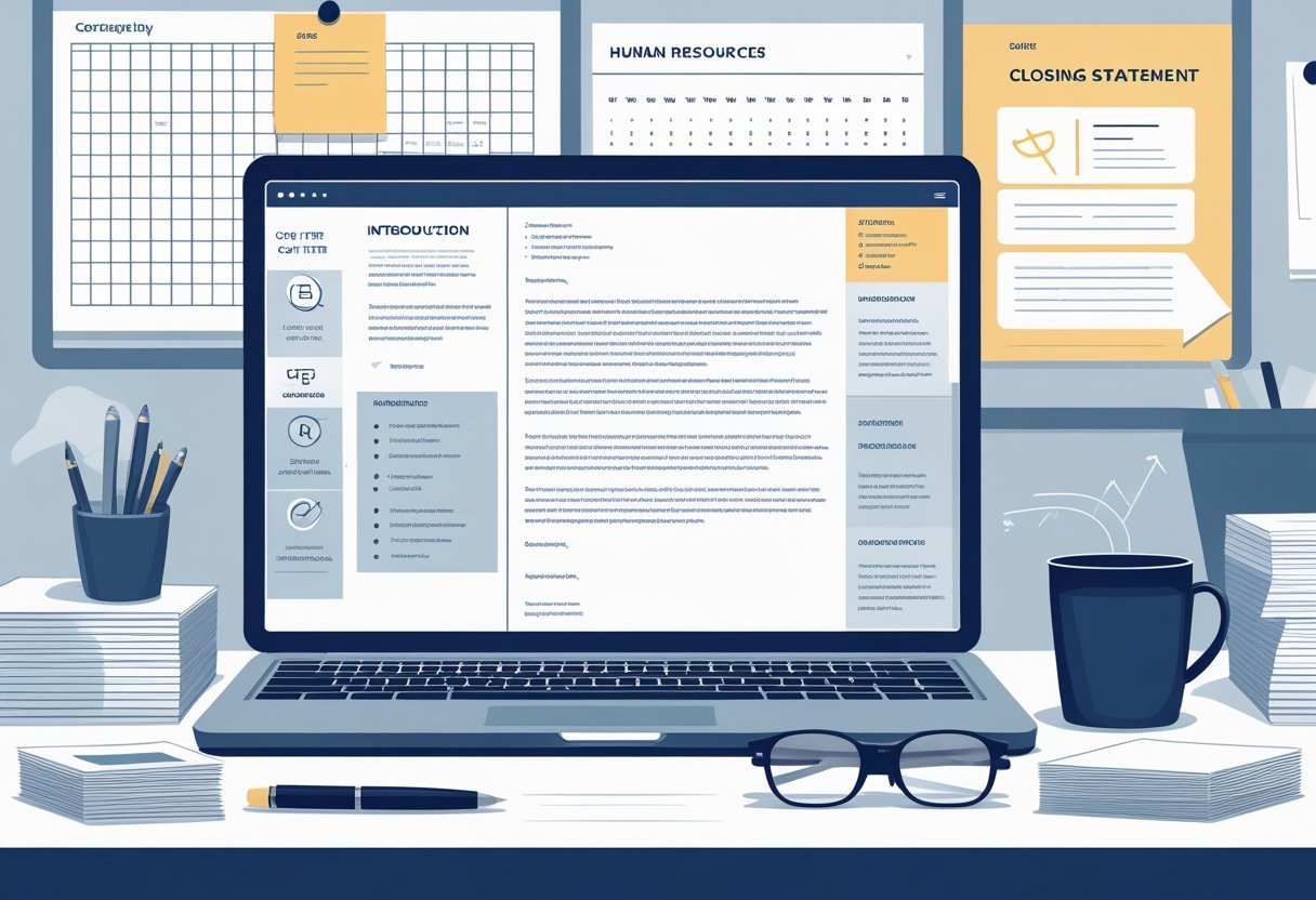 Cover Letter Human Resources Tips for Crafting a Standout Application 2 A workspace with a laptop showing a cover letter document, surrounded by office supplies and recruitment-related notes on a bulletin board.