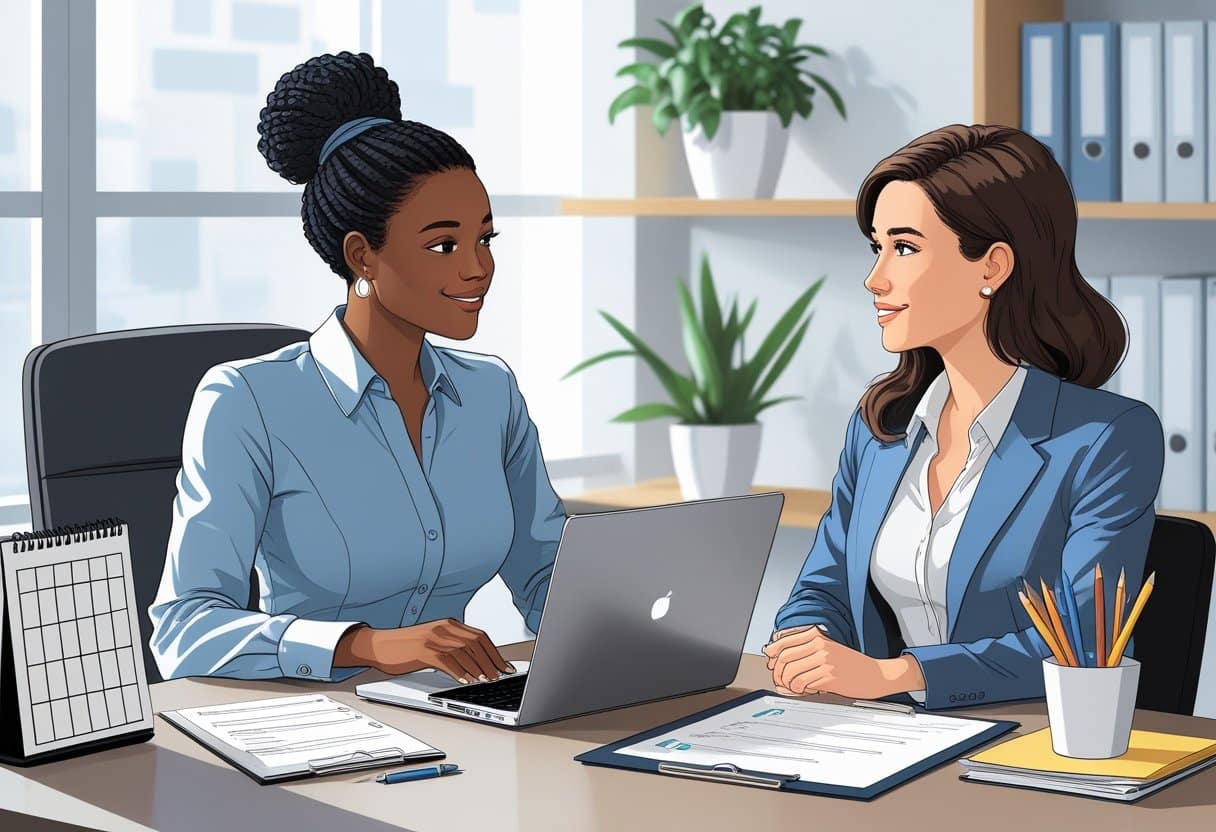 Cover Letter Human Resources Tips for Crafting a Standout Application 4 A human resources specialist and a job applicant having a supportive discussion at an office desk with documents and a laptop.