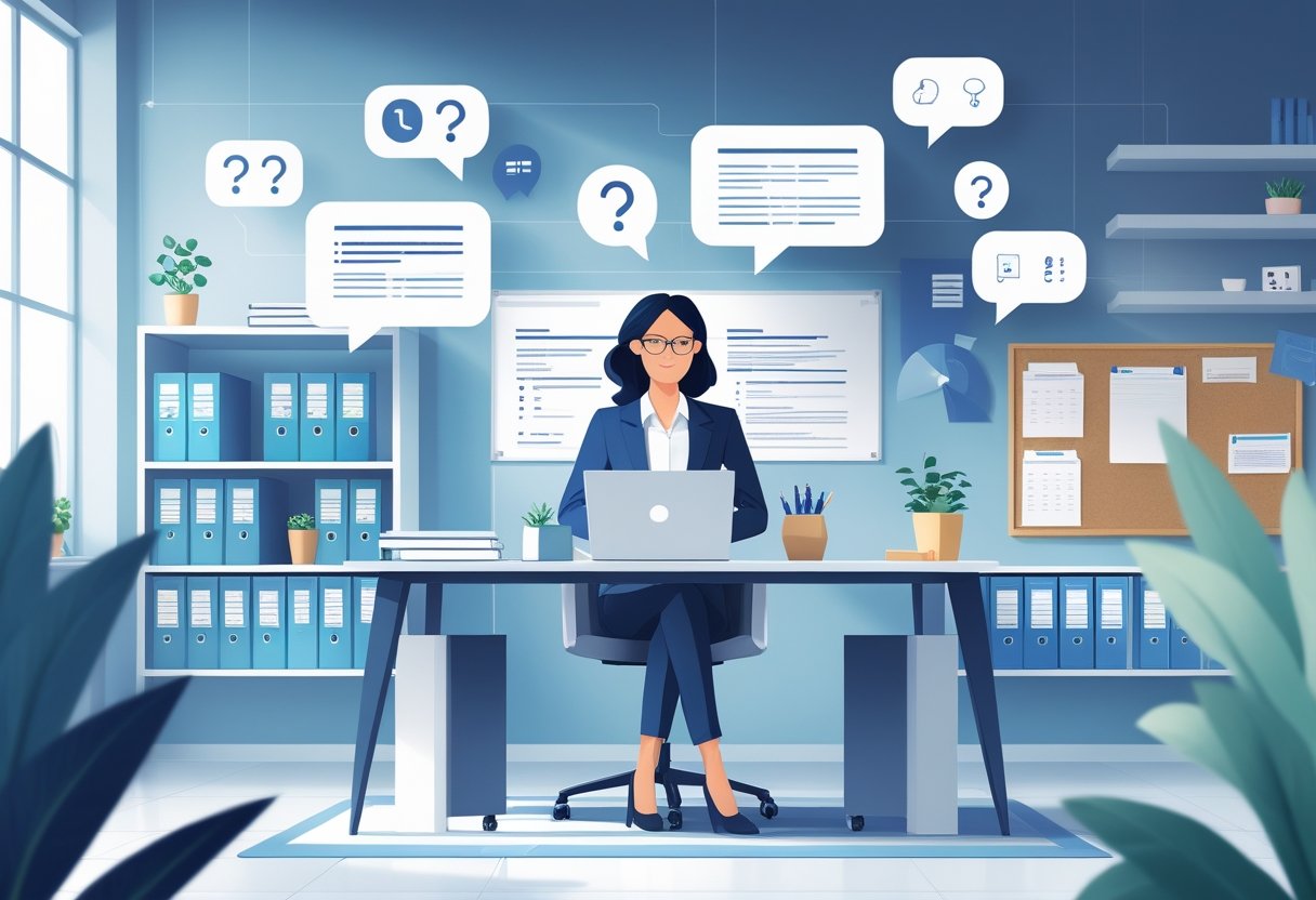 Cover Letter Human Resources Tips for Crafting a Standout Application 5 An HR professional sitting at a desk with a laptop, surrounded by icons representing questions and information, in a neat office setting.