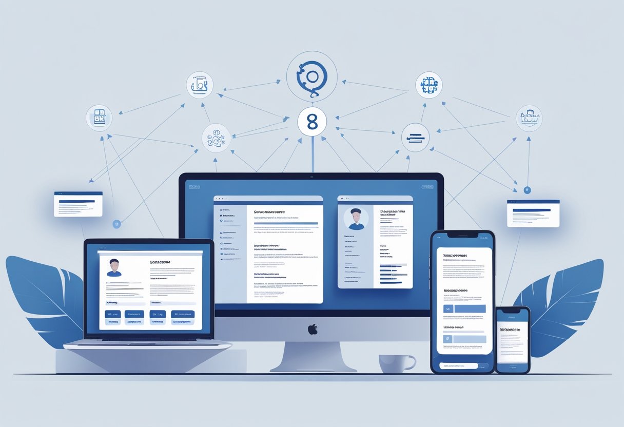 Which AI Is Best for Resume Writing? Top Tools Compared for 2025 5 A workspace with a laptop, tablet, and smartphone showing resume templates, surrounded by icons of web browsers and platforms, connected by a network diagram representing AI tools for resume writing.