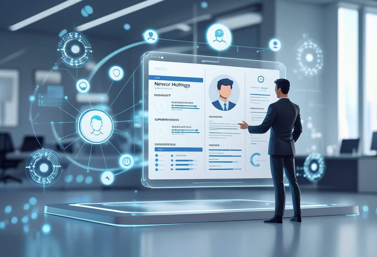 Which AI Is Best for Resume Writing? Top Tools Compared for 2025 6 A person interacting with a holographic digital resume surrounded by AI icons and neural network patterns in a futuristic office.