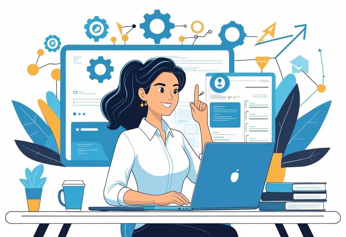 How to Write a Cover Letter for a Career Change to Tech: Essential Tips and Examples 2 A person working at a desk on a laptop surrounded by tech-related items and digital icons symbolizing career growth and technology.